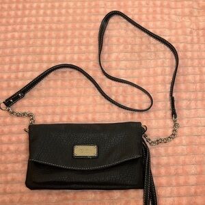 Nine West Convertible Crossbody Clutch | Black Faux Leather White Stitching